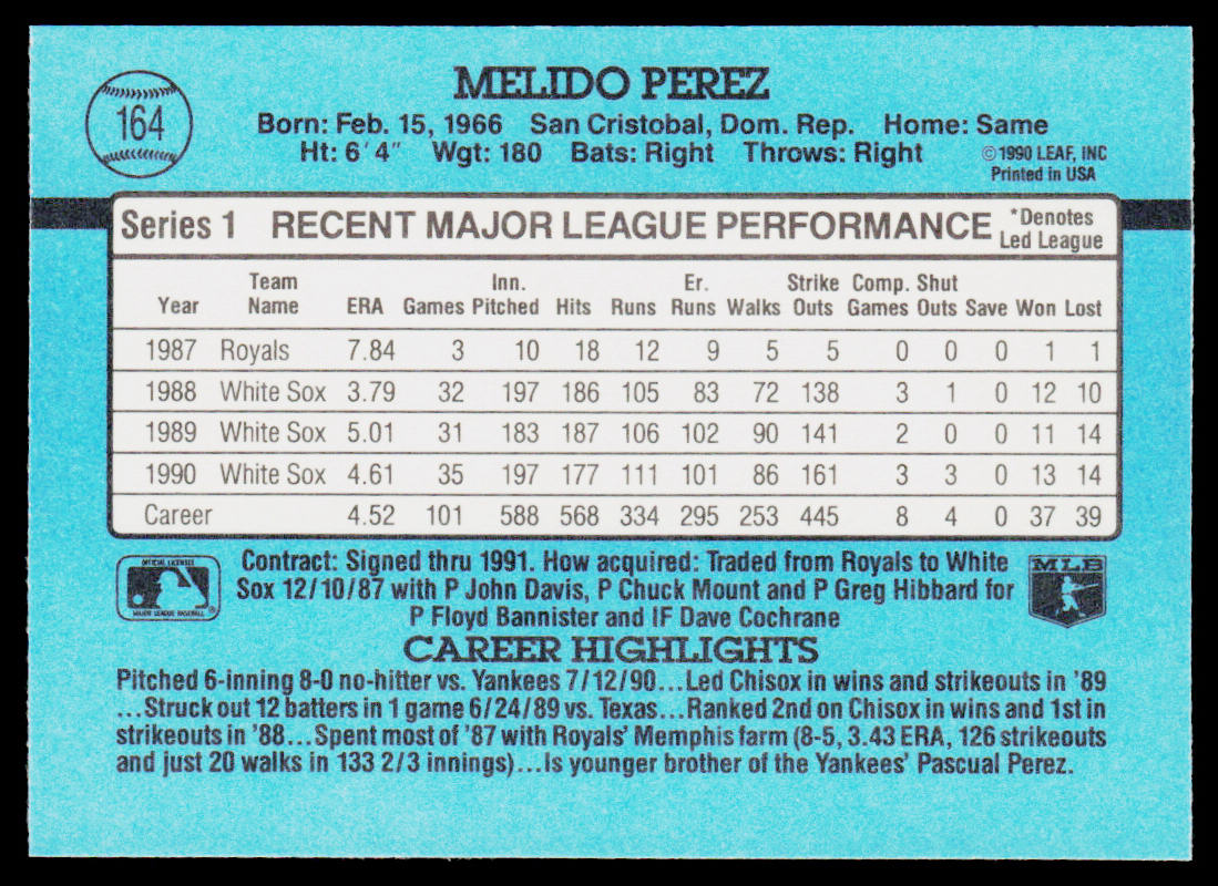 Melido Perez 1991 Donruss #164b Chicago White Sox