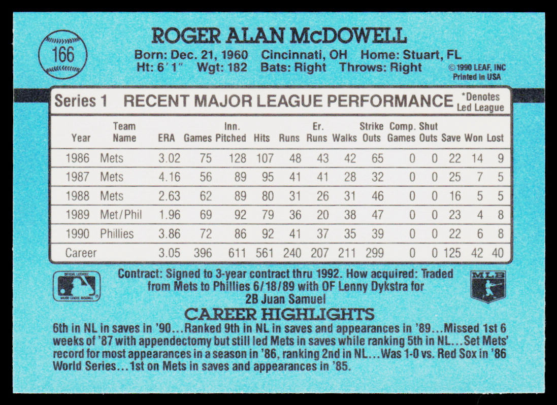 Roger McDowell 1991 Donruss #166 Philadelphia Phillies