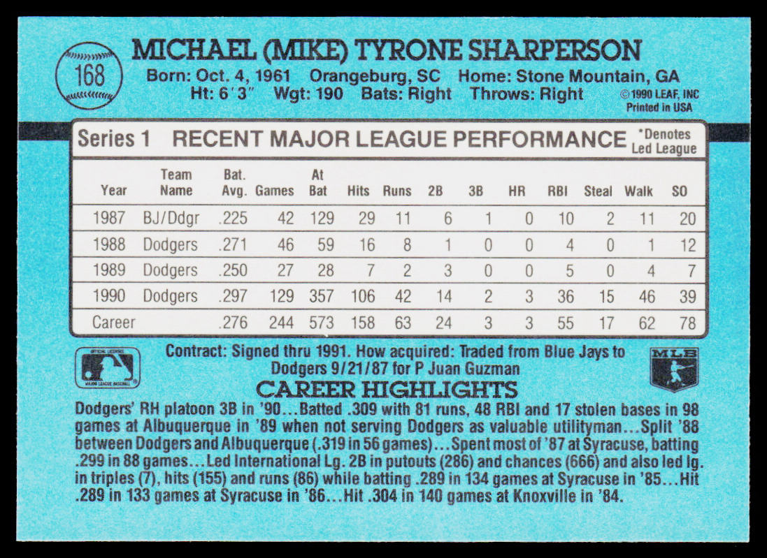 Mike Sharperson 1991 Donruss #168 Los Angeles Dodgers