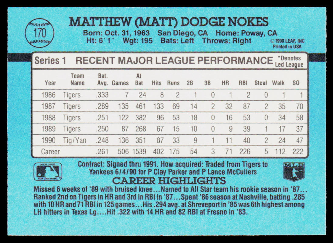 Matt Nokes 1991 Donruss #170b New York Yankees