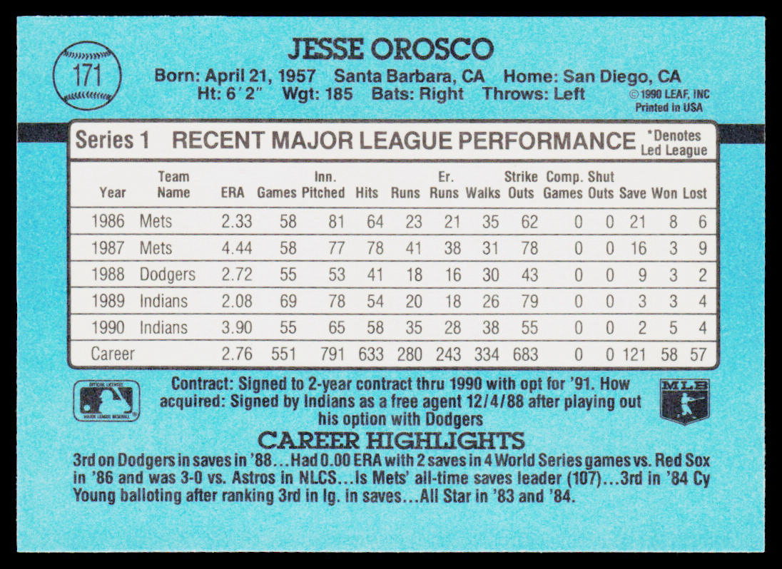 Jesse Orosco 1991 Donruss #171b Cleveland Indians