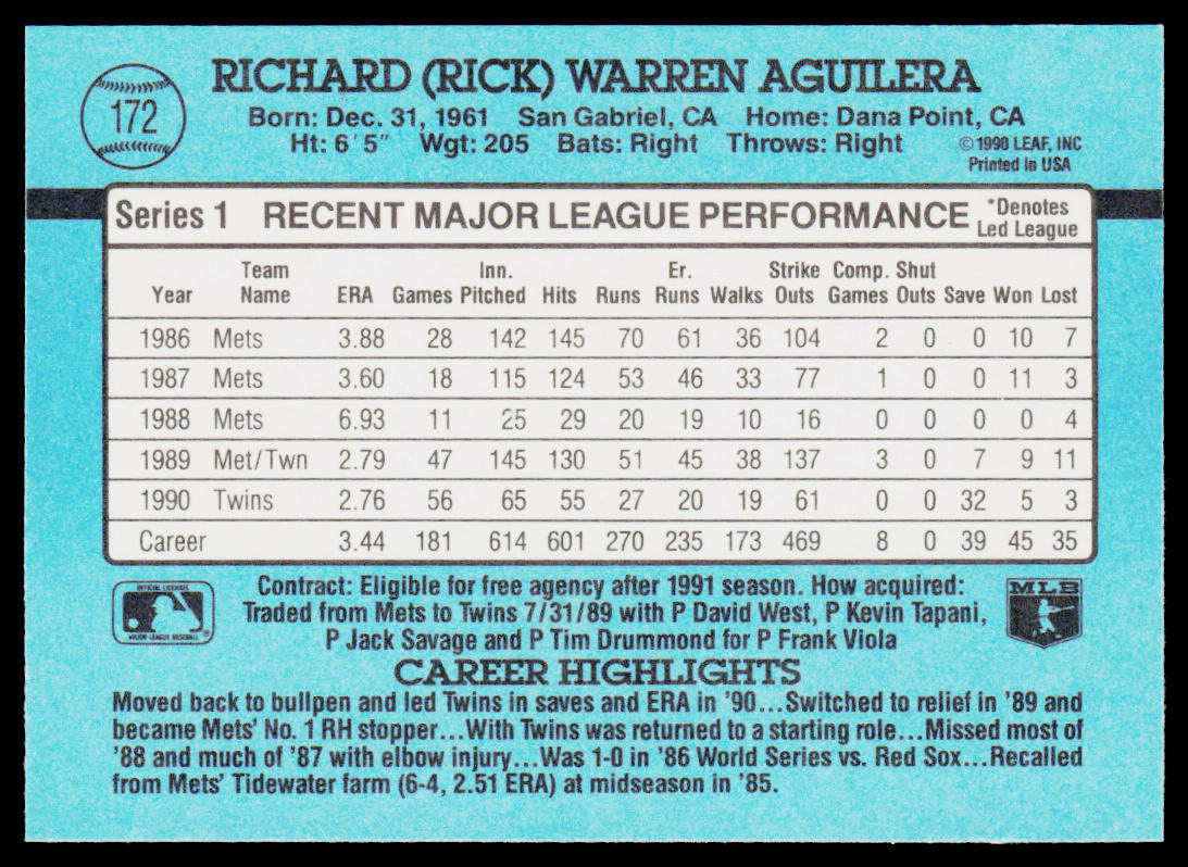 Rick Aguilera 1991 Donruss #172b Minnesota Twins