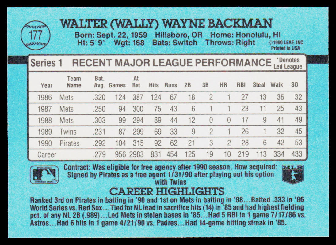 Wally Backman 1991 Donruss #177c Pittsburgh Pirates