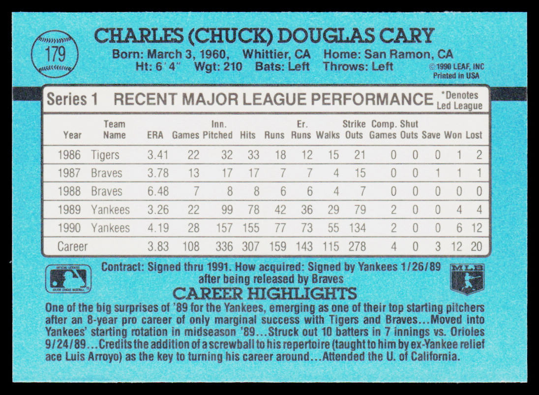 Chuck Cary 1991 Donruss #179 New York Yankees