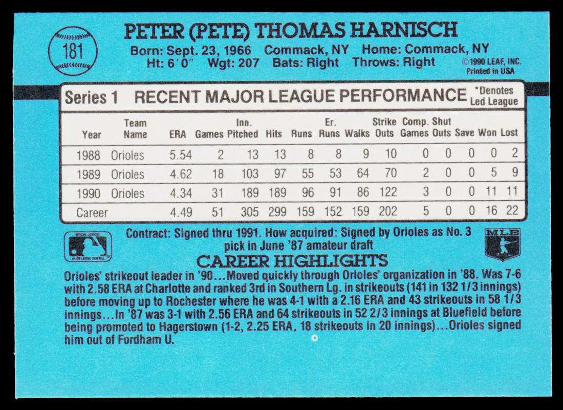 Pete Harnisch 1991 Donruss #181c Baltimore Orioles