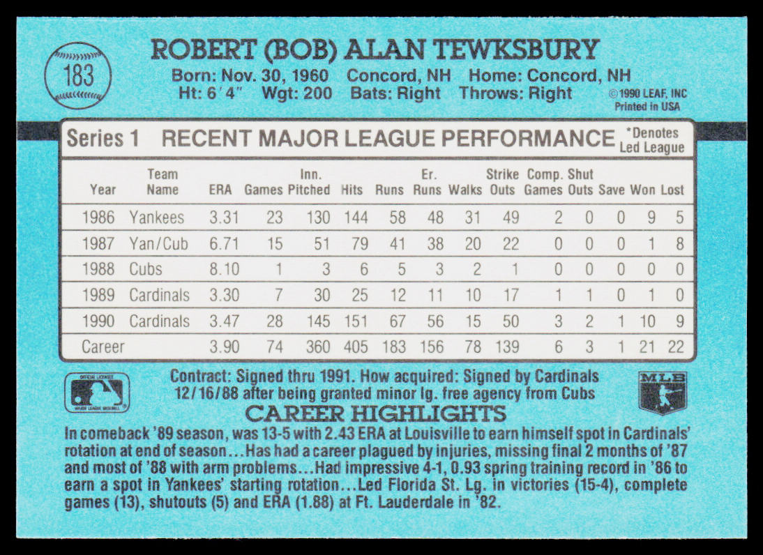 Bob Tewksbury 1991 Donruss #183 St. Louis Cardinals