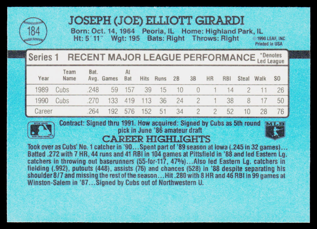 Joe Girardi 1991 Donruss #184 Chicago Cubs