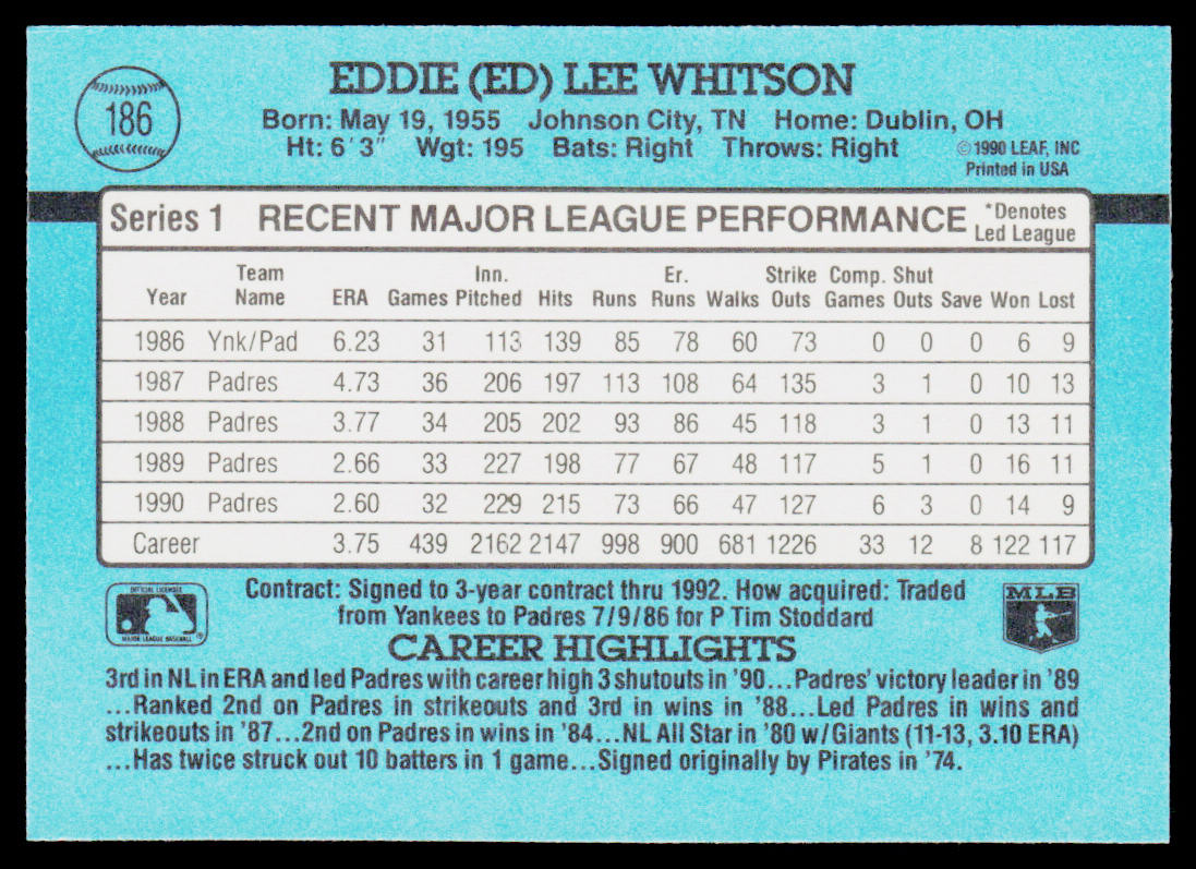 Ed Whitson 1991 Donruss #186 San Diego Padres