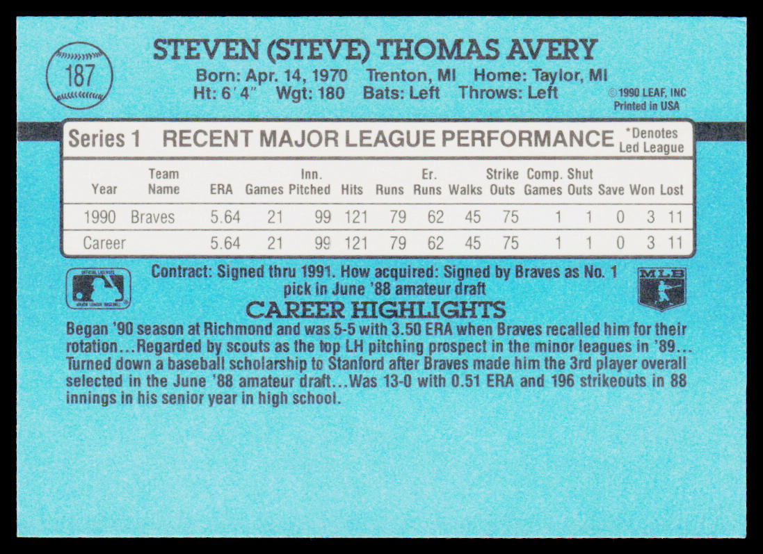 Steve Avery 1991 Donruss #187 Atlanta Braves