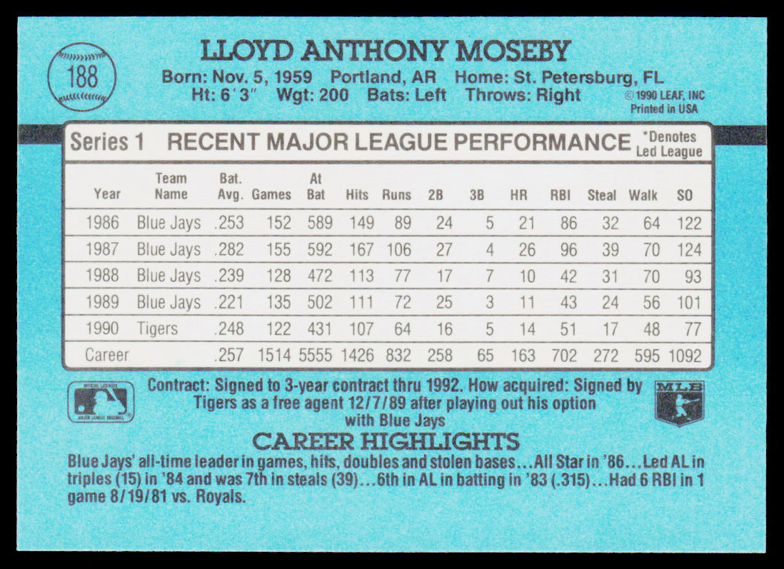 Lloyd Moseby 1991 Donruss #188 Detroit Tigers
