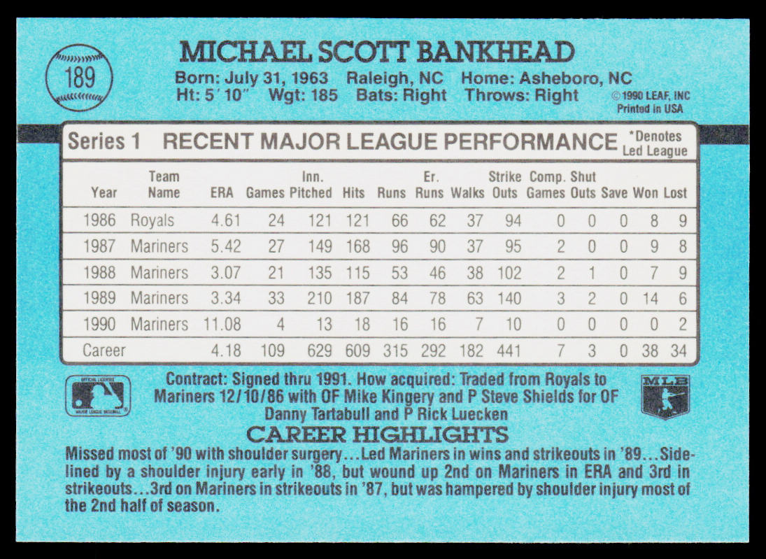 Scott Bankhead 1991 Donruss #189 Seattle Mariners