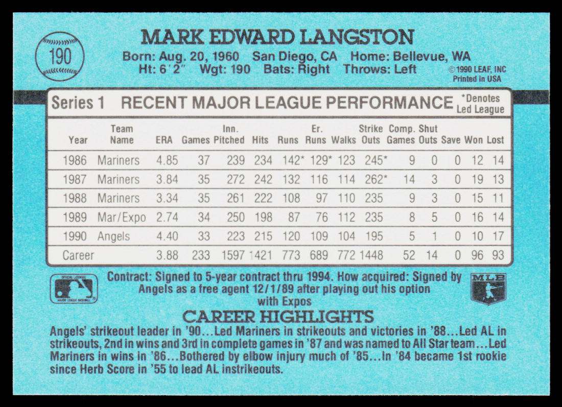 Mark Langston 1991 Donruss #190 California Angels