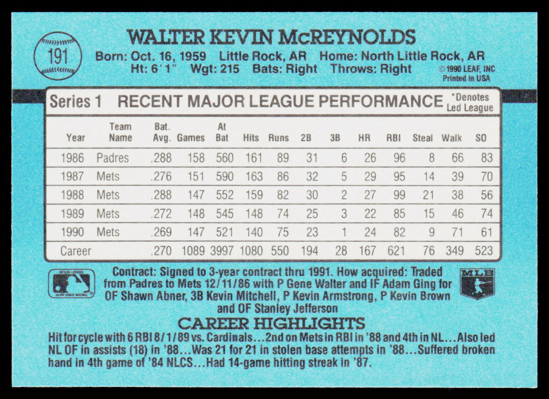 Kevin McReynolds 1991 Donruss #191c New York Mets