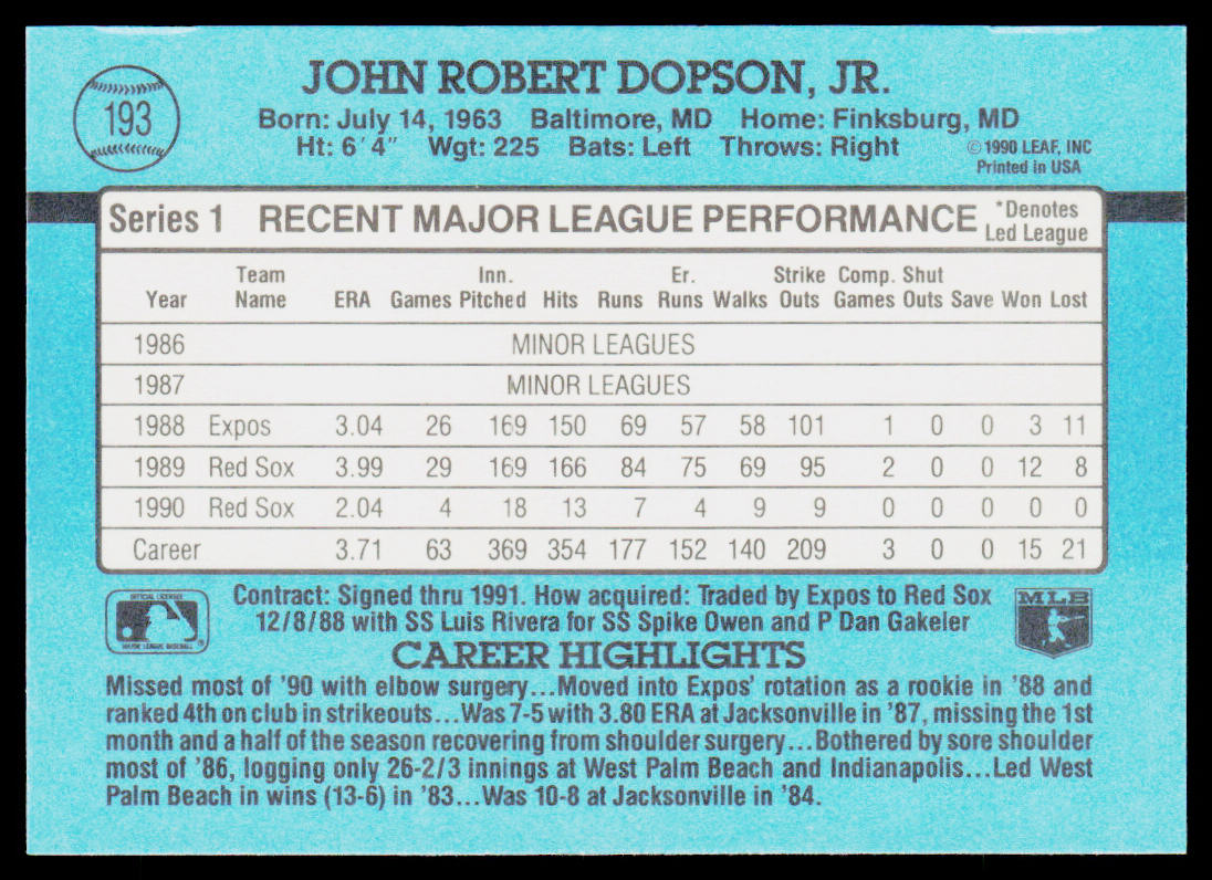 John Dopson 1991 Donruss #193b Boston Red Sox