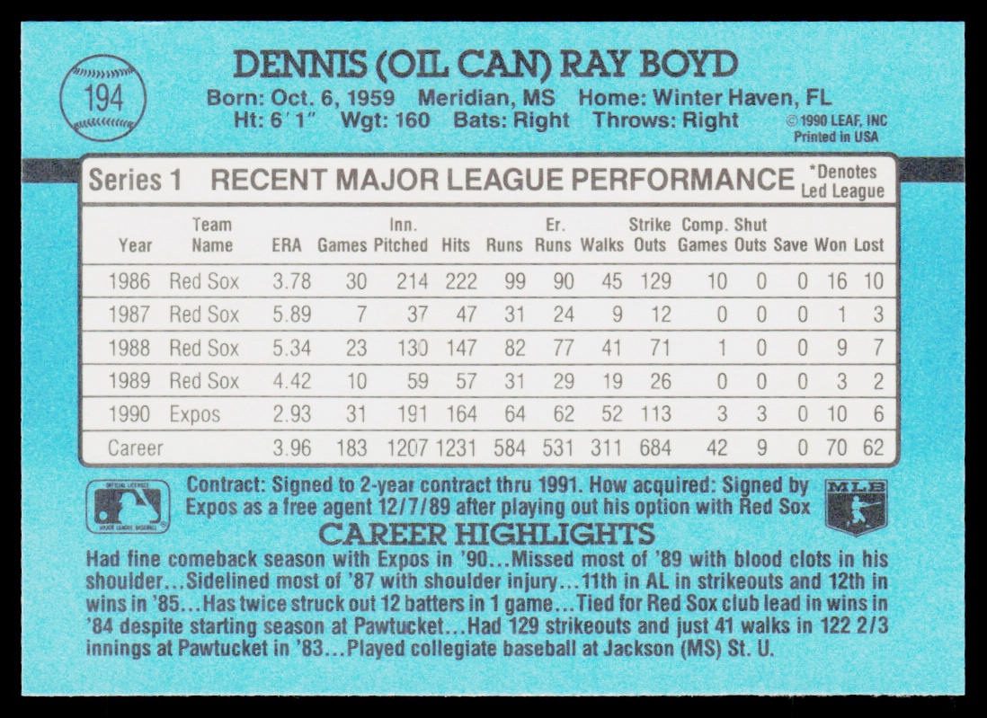 Oil Can Boyd 1991 Donruss #194b Montreal Expos
