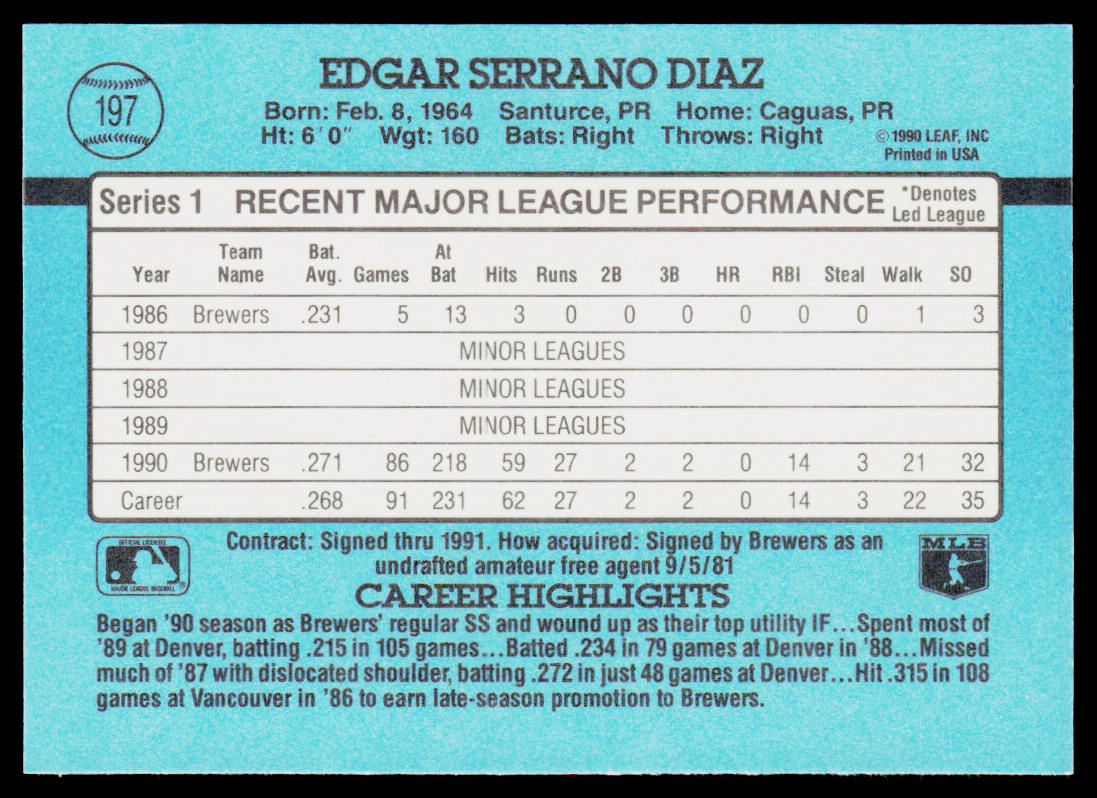 Edgar Diaz 1991 Donruss #197 Milwaukee Brewers