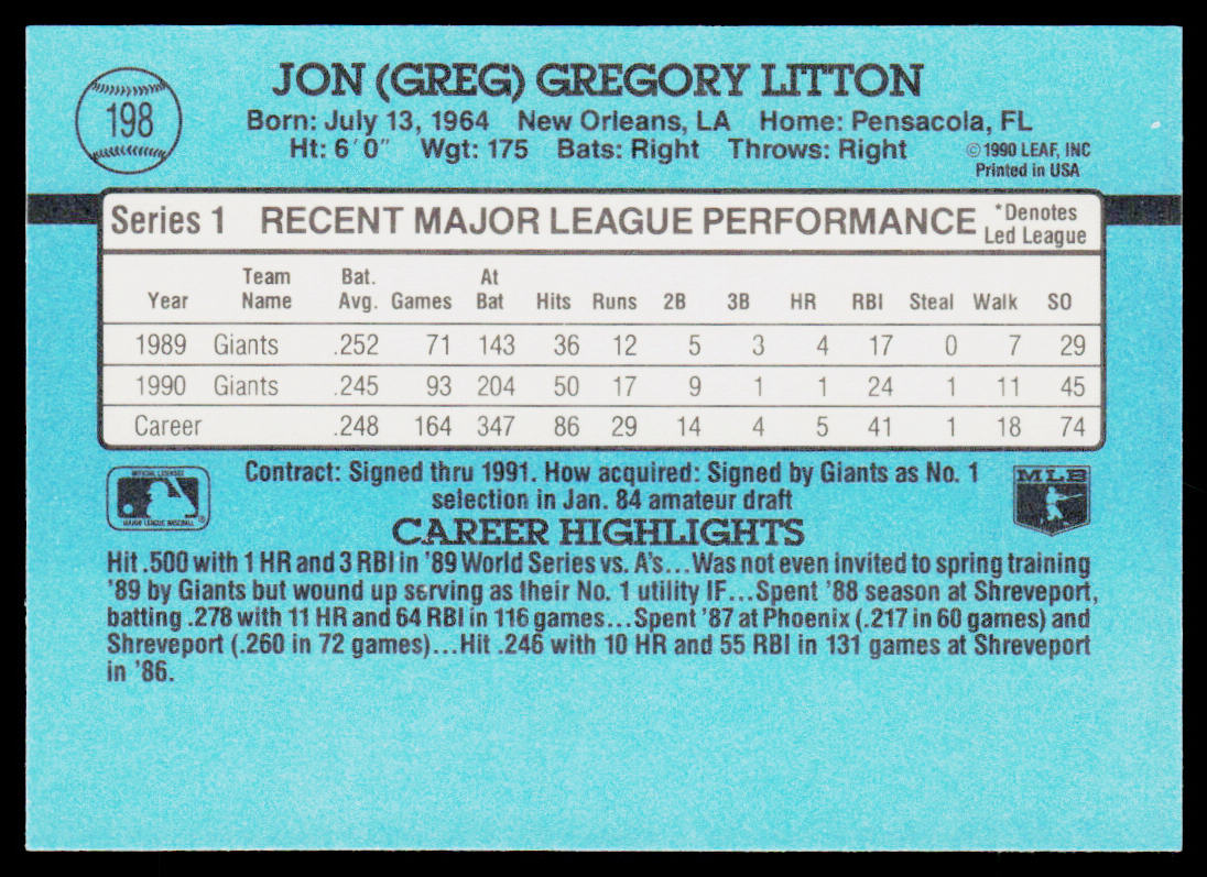 Greg Litton 1991 Donruss #198b San Francisco Giants