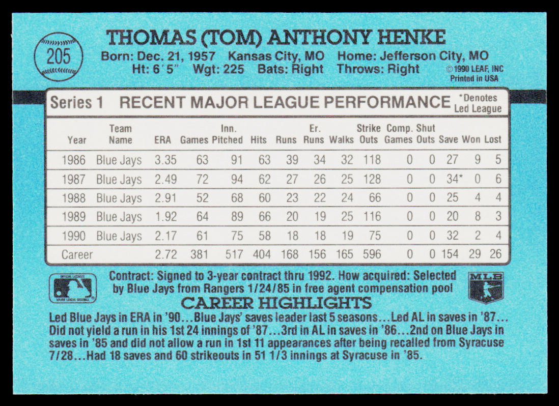 Tom Henke 1991 Donruss #205b Toronto Blue Jays