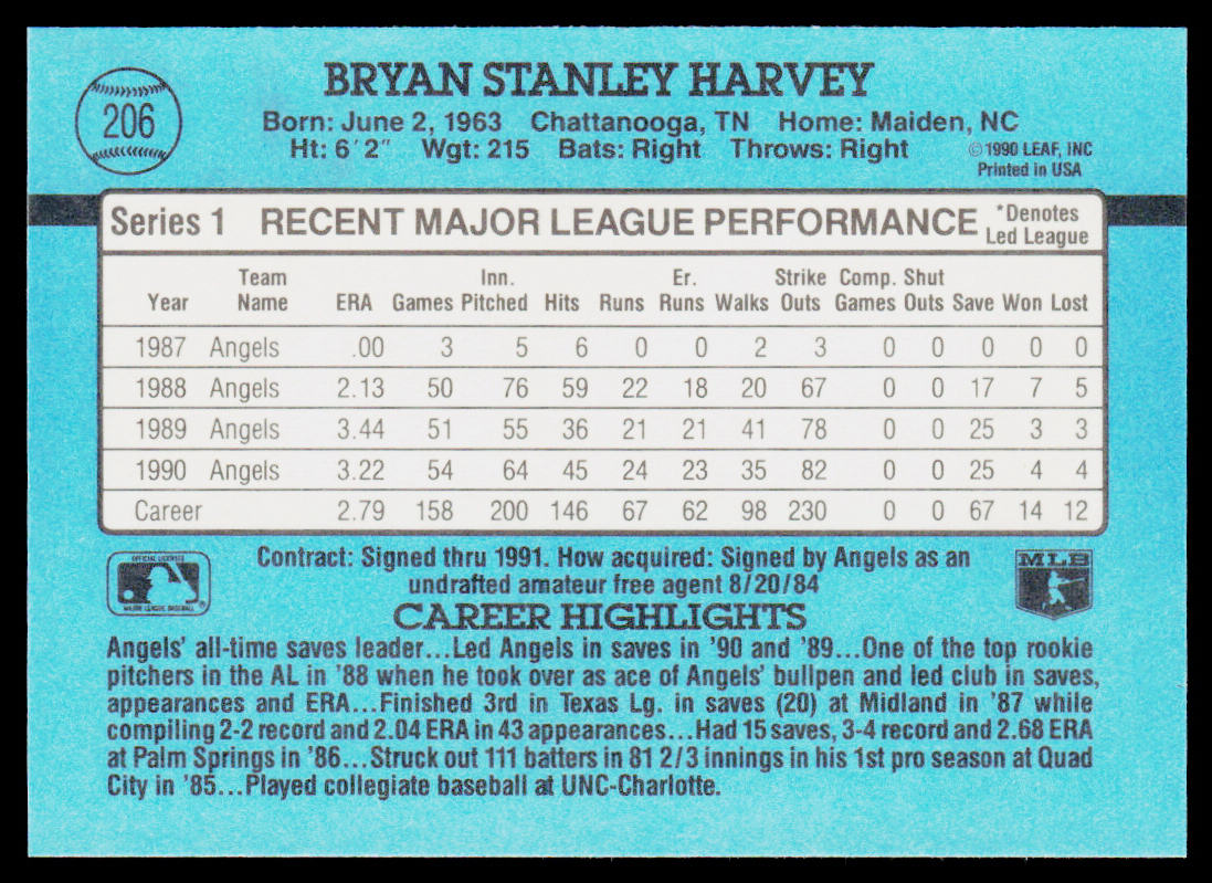 Bryan Harvey 1991 Donruss #206 California Angels