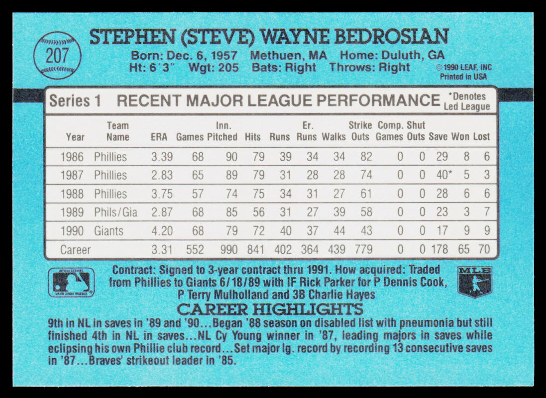 Steve Bedrosian 1991 Donruss #207 San Francisco Giants