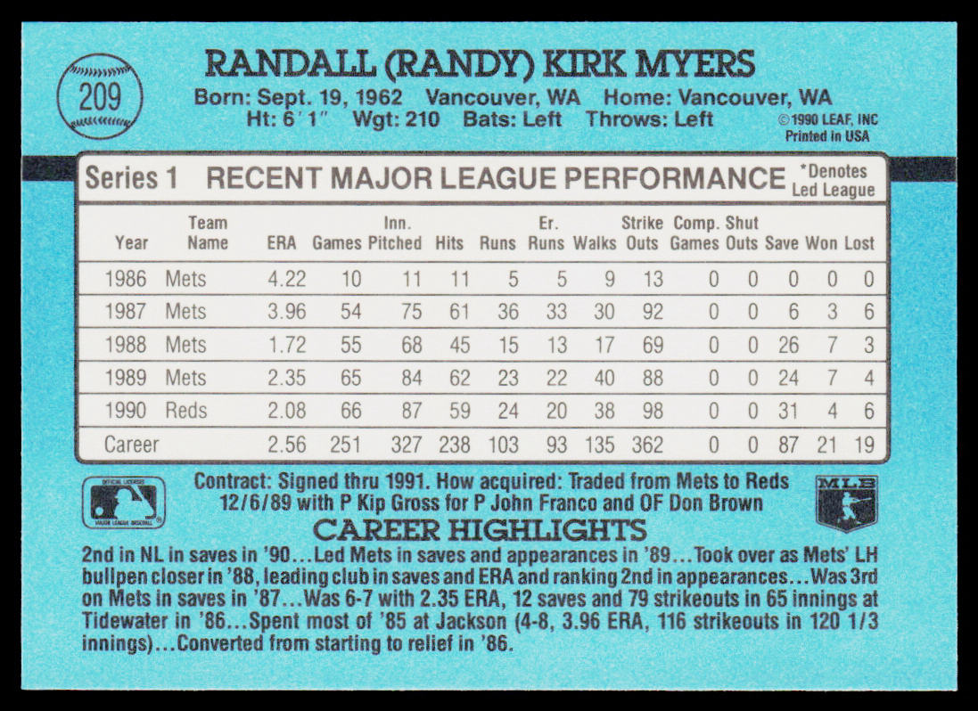 Randy Myers 1991 Donruss #209 Cincinnati Reds