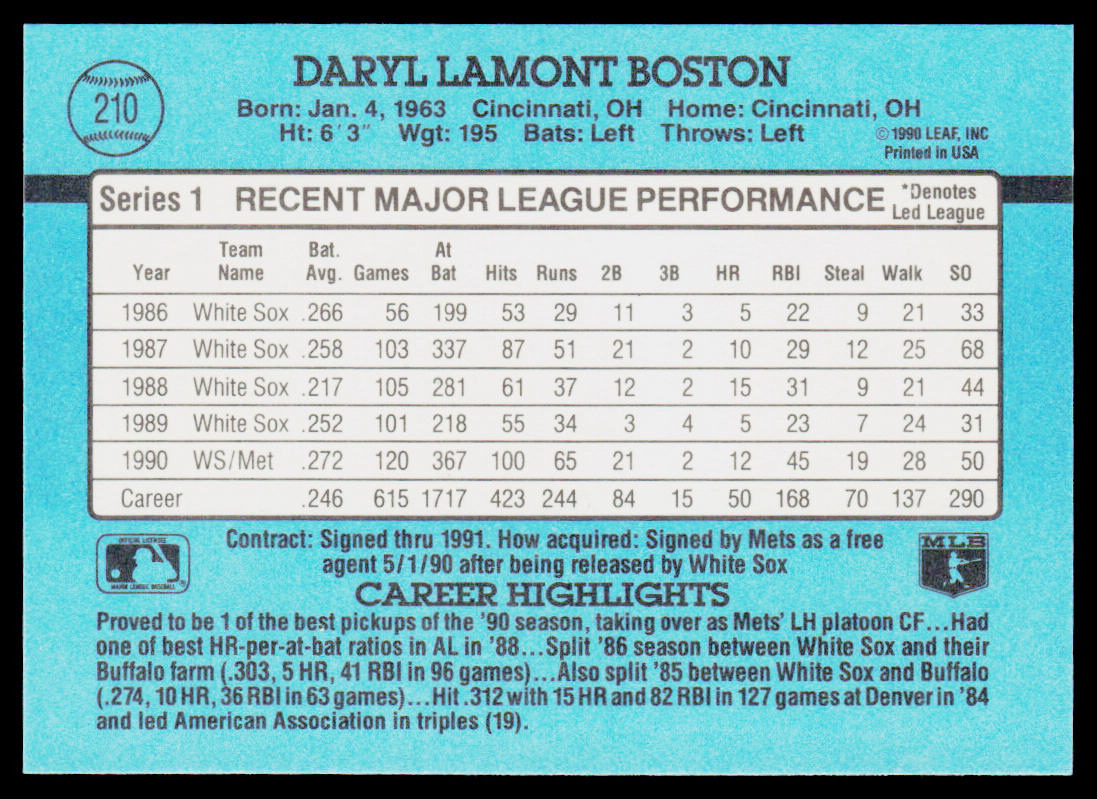 Daryl Boston 1991 Donruss #210 New York Mets