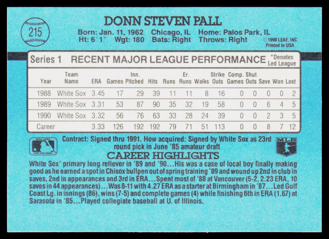 Donn Pall 1991 Donruss #215 Chicago White Sox