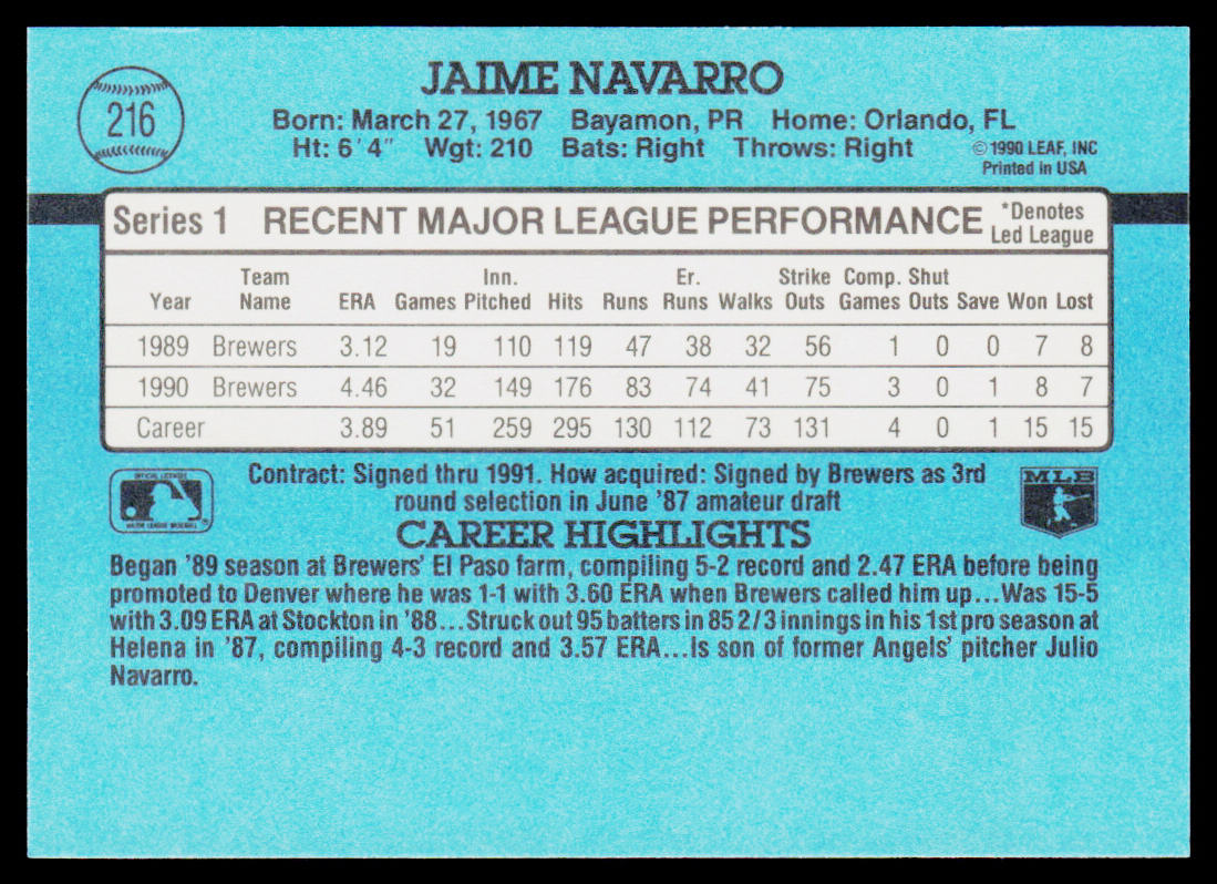 Jaime Navarro 1991 Donruss #216 Milwaukee Brewers