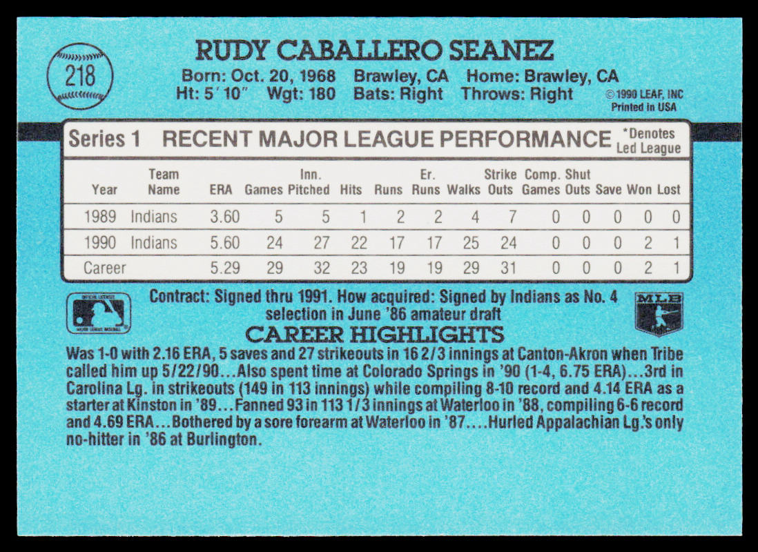 Rudy Seanez 1991 Donruss #218 Cleveland Indians