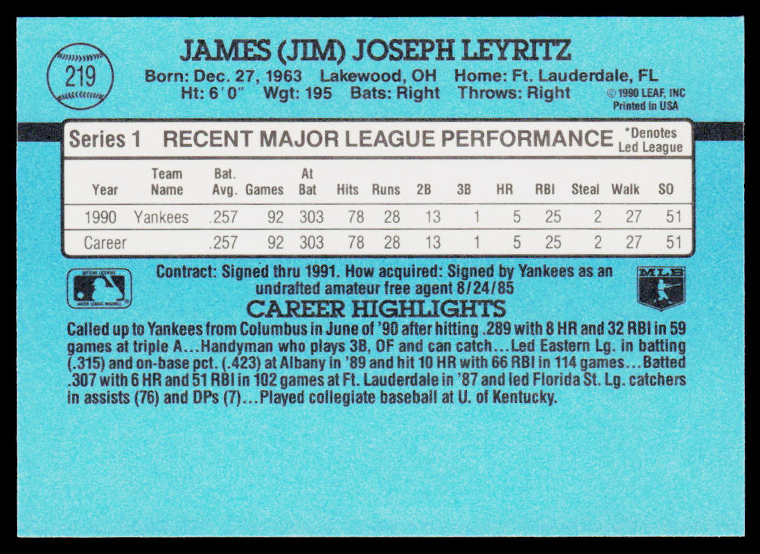 Jim Leyritz 1991 Donruss #219 New York Yankees