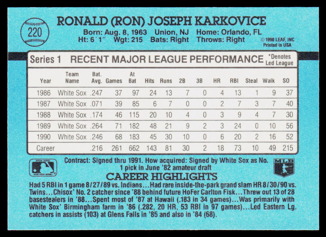 Ron Karkovice 1991 Donruss #220 Chicago White Sox