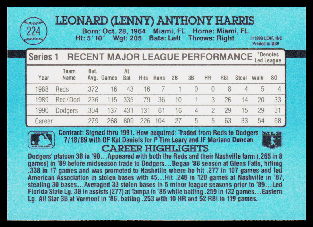 Lenny Harris 1991 Donruss #224 Los Angeles Dodgers