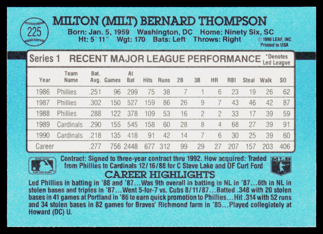 Milt Thompson 1991 Donruss #225 St. Louis Cardinals