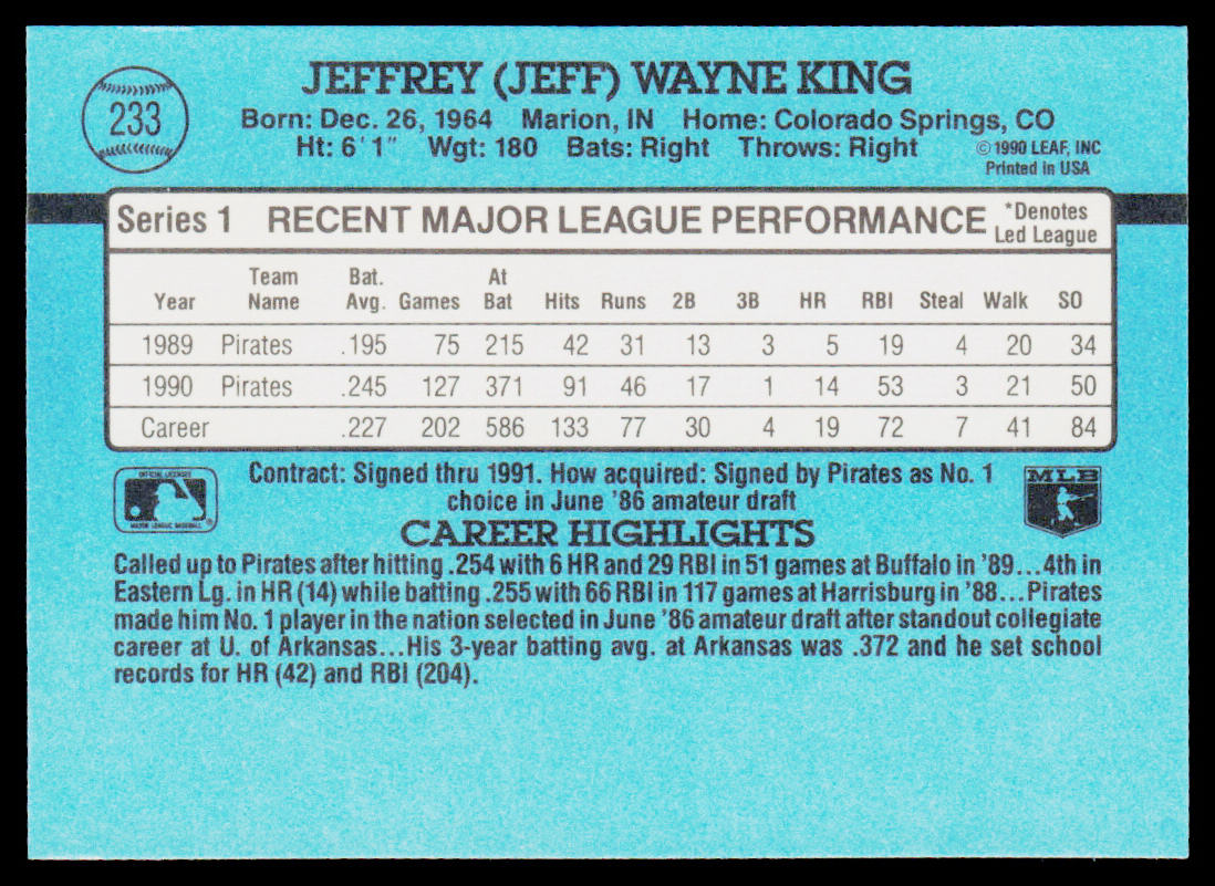 Jeff King 1991 Donruss #233 Pittsburgh Pirates
