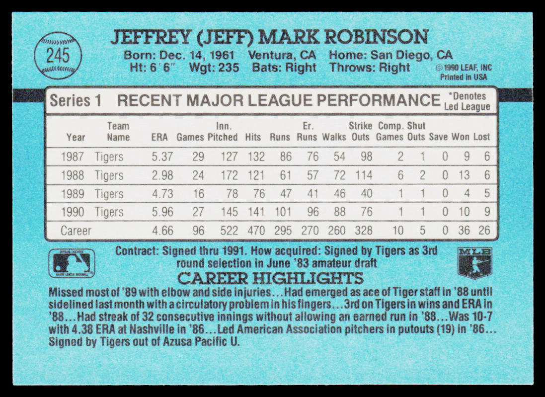 Jeff Robinson 1991 Donruss #245 Detroit Tigers