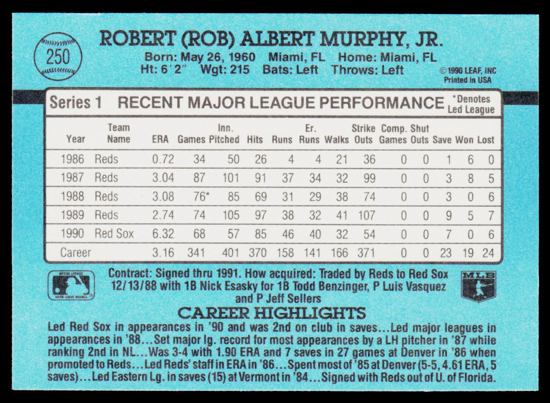 Rob Murphy 1991 Donruss #250b Boston Red Sox