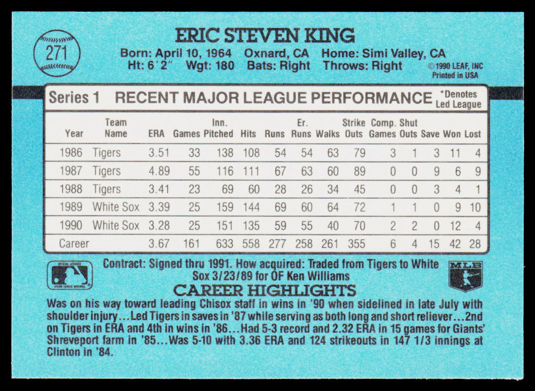 Eric King 1991 Donruss #271b Chicago White Sox