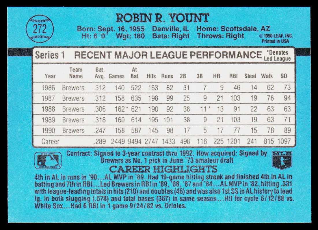 Robin Yount 1991 Donruss #272 Milwaukee Brewers