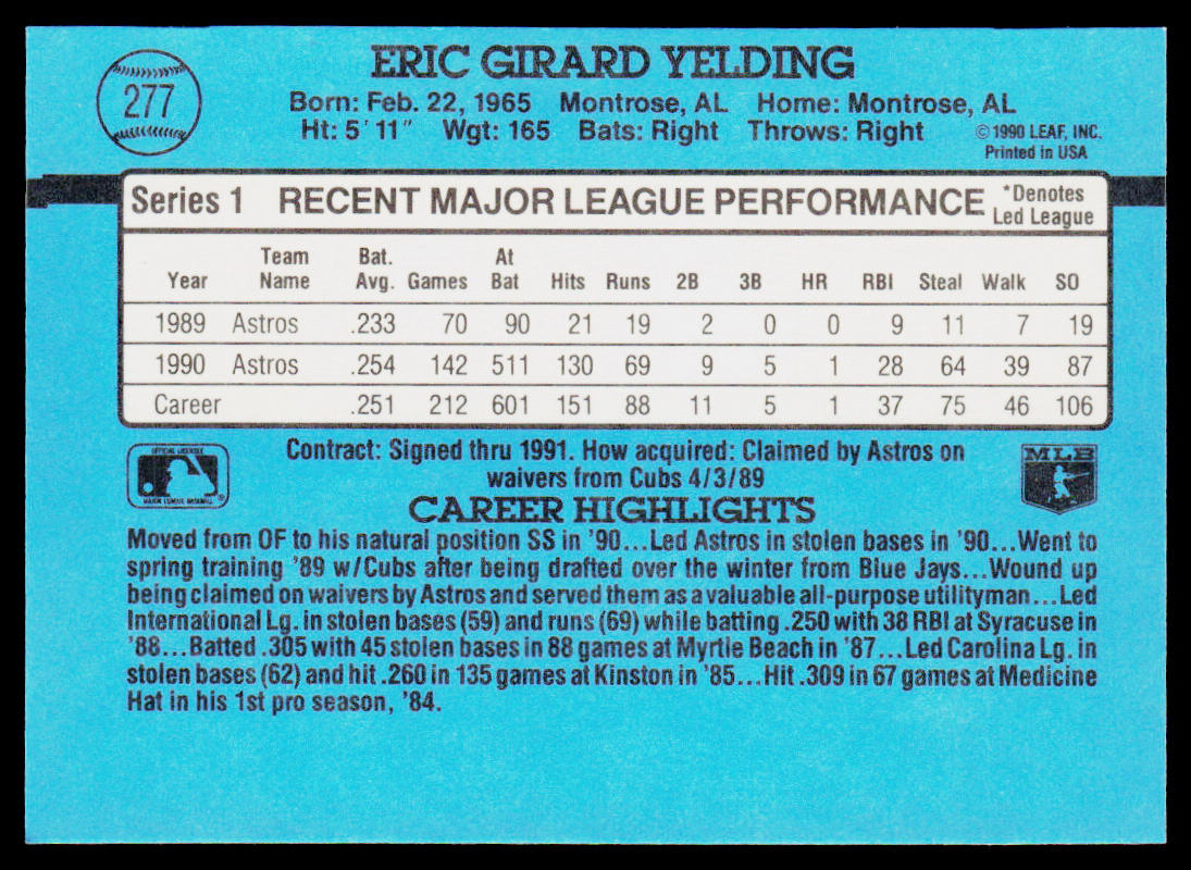 Eric Yelding 1991 Donruss #277 Houston Astros
