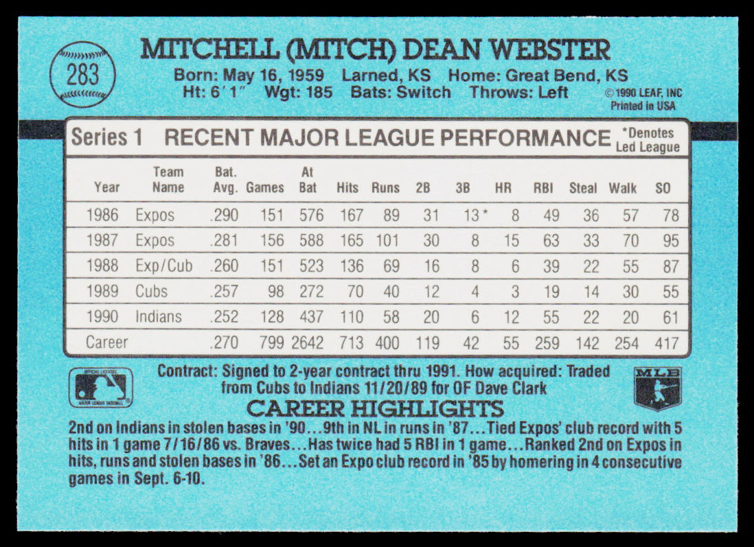 Mitch Webster 1991 Donruss #283b Cleveland Indians