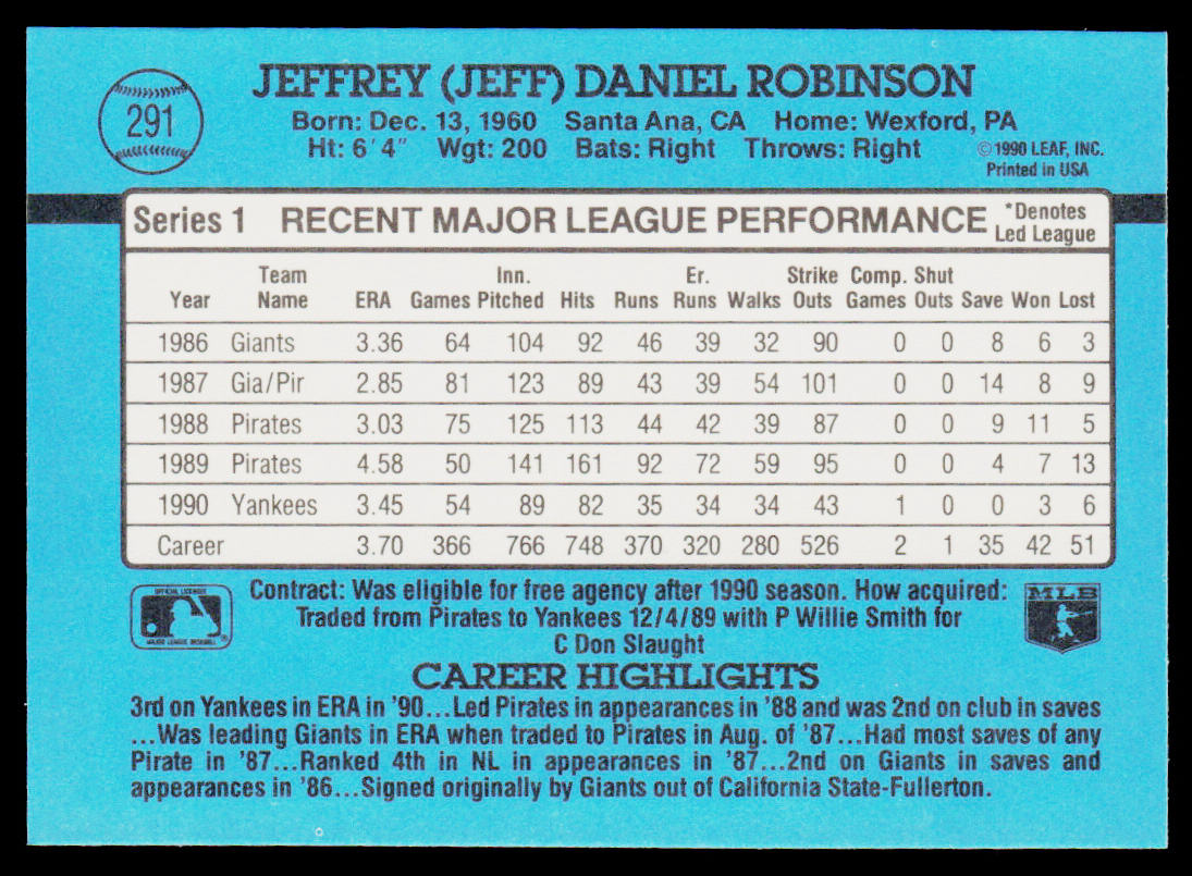 Jeff Robinson 1991 Donruss #291c New York Yankees