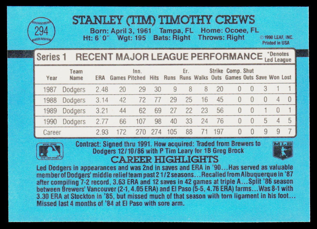 Tim Crews 1991 Donruss #294 Los Angeles Dodgers