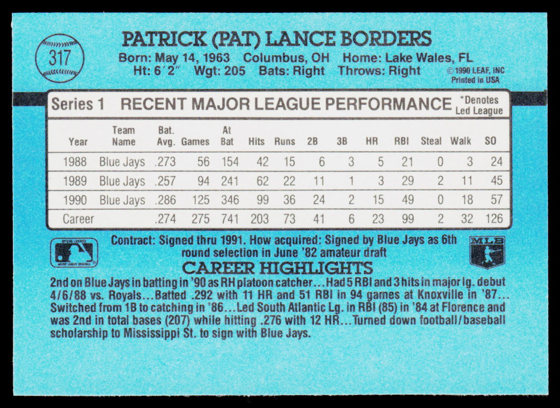 Pat Borders 1991 Donruss #317c Toronto Blue Jays
