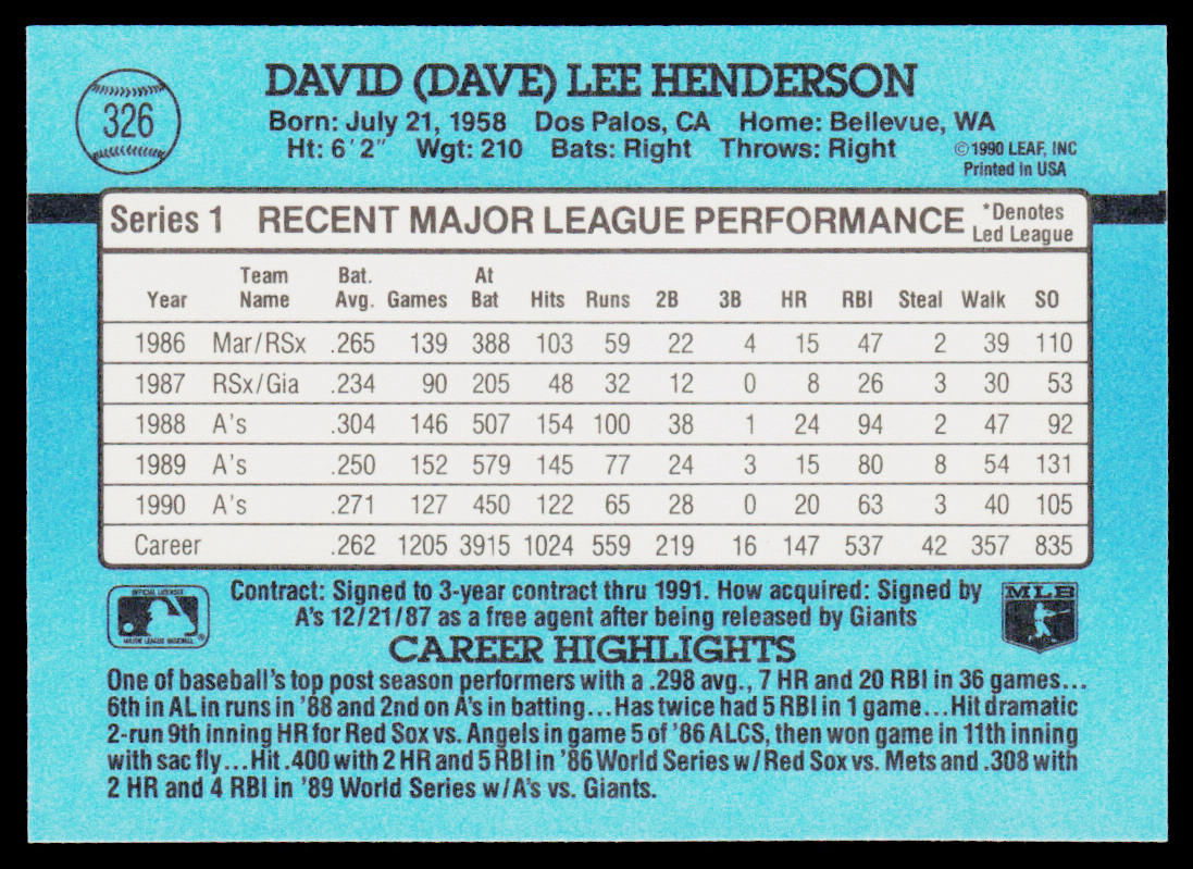 Dave Henderson 1991 Donruss #326 Oakland Athletics