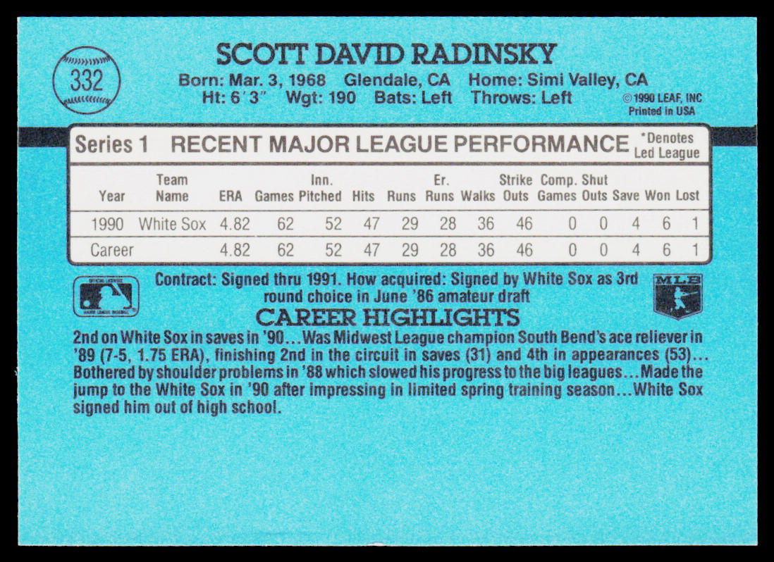 Scott Radinsky 1991 Donruss #332c Chicago White Sox