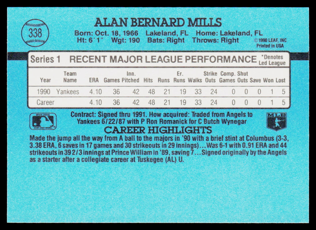 Alan Mills 1991 Donruss #338b New York Yankees