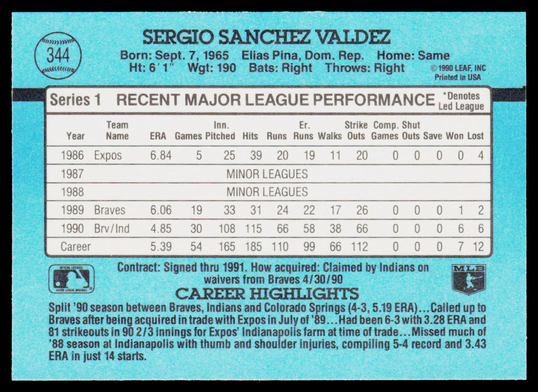 Sergio Valdez 1991 Donruss #344 Cleveland Indians