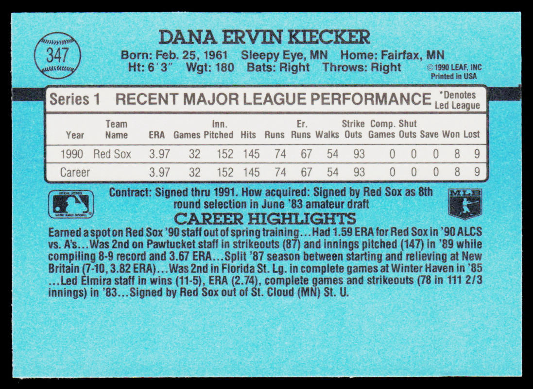Dana Kiecker 1991 Donruss #347c Boston Red Sox