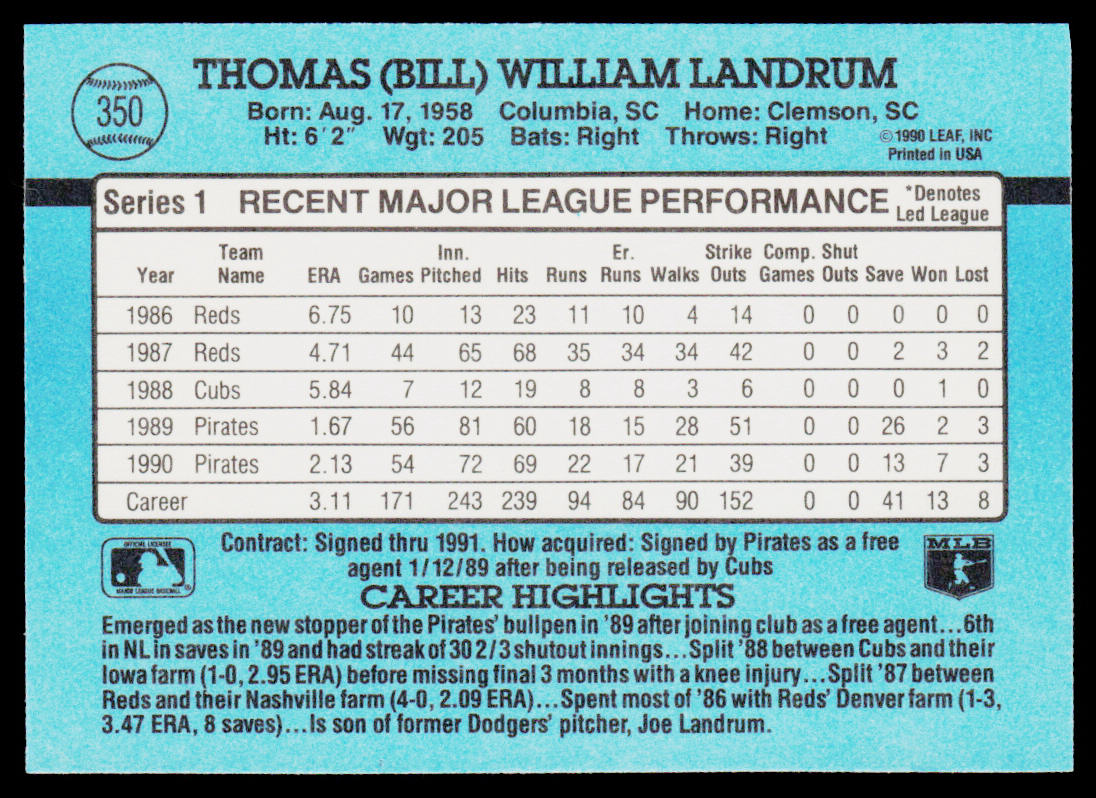 Bill Landrum 1991 Donruss #350b Pittsburgh Pirates