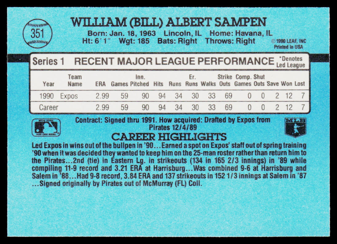 Bill Sampen 1991 Donruss #351 Montreal Expos